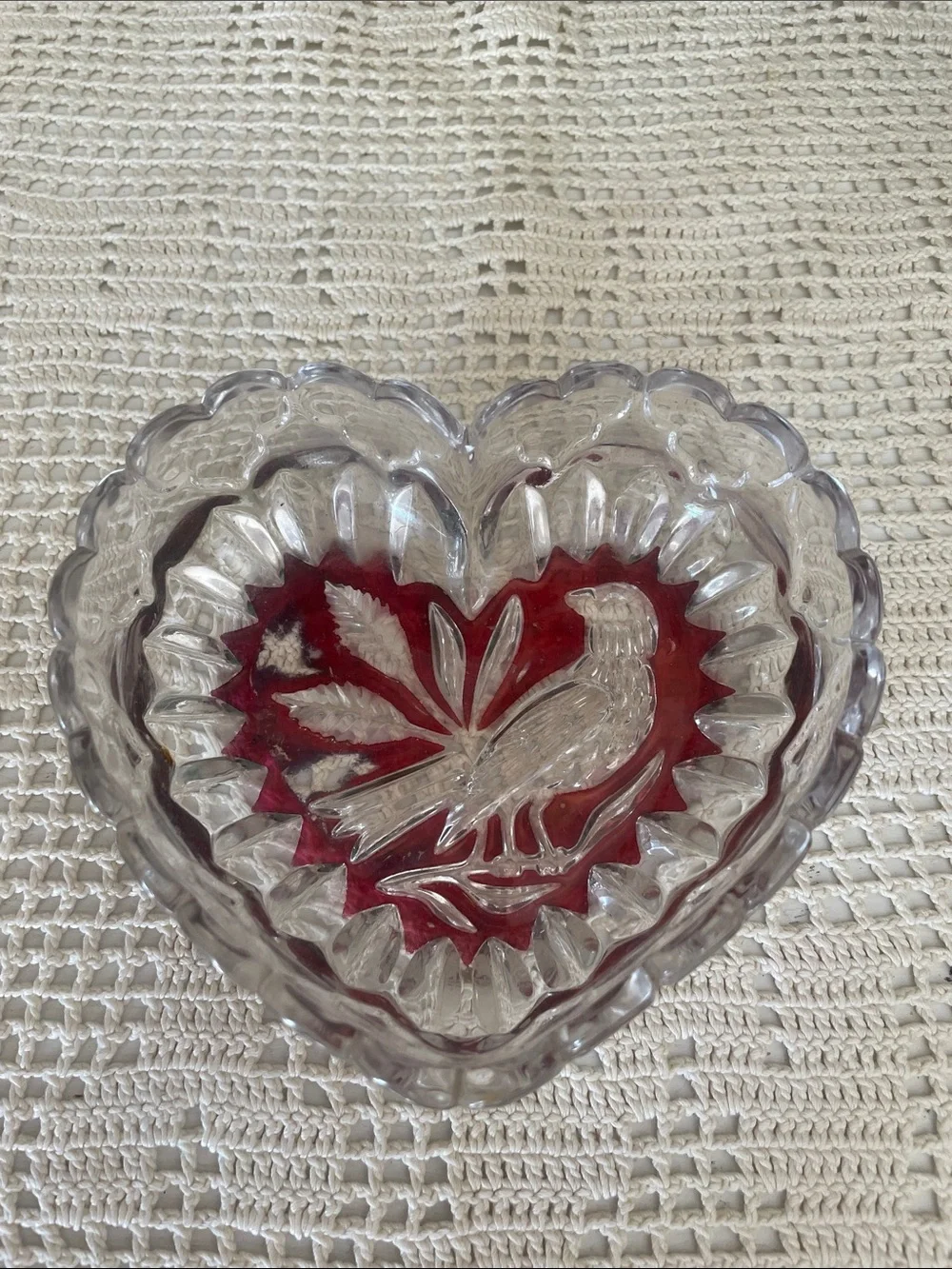 Clear Heart-Shaped Pressed Glass Dish with Bird motif - west Germany origin